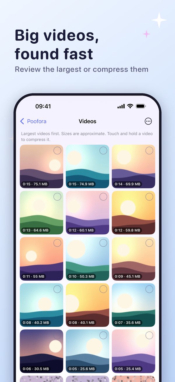 Largest videos listed first with their sizes